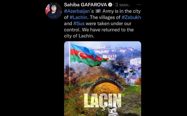 Sahiba Gafarova Tweets on Azerbaijani Army’s Deployment in Lachin Town 