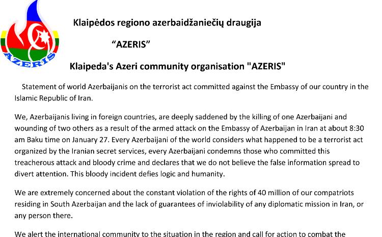 Litvadakı soydaşlarımız İranın ölkəmizə qarşı yolverilməz davranışını pisləyib 