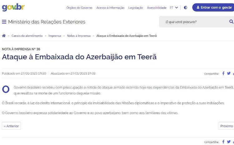 Braziliyanın Xarici İşlər Nazirliyinin internet səhifəsində Səfirliyimizdə törədilmiş terror aktından bəhs edilib 