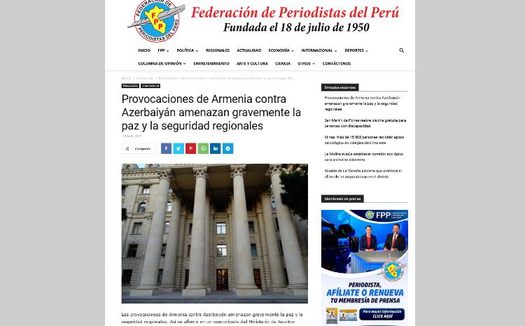 Peru mətbuatında Ermənistanın Azərbaycana qarşı son hərbi təxribatı pislənib 
