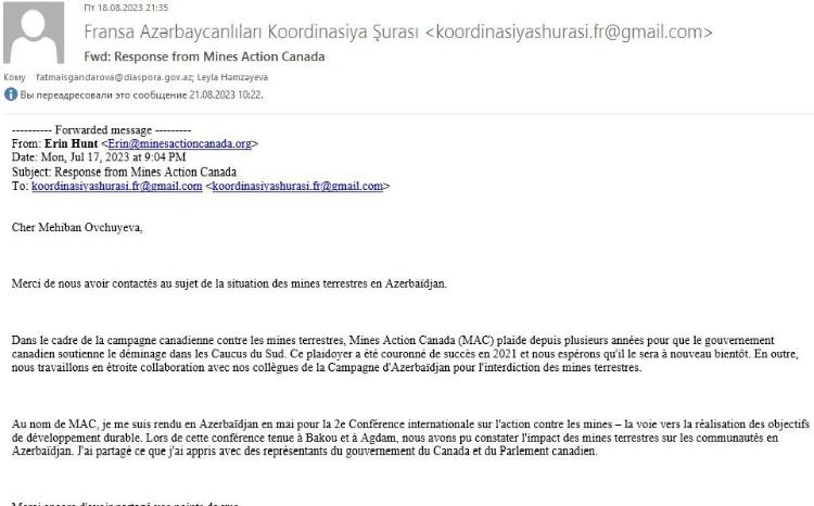 "Mines Action Canada" təşkilatı Fransa Azərbaycanlıları Koordinasiya Şurasının mina təhlükəsi ilə bağlı müraciətini cavablandırıb 