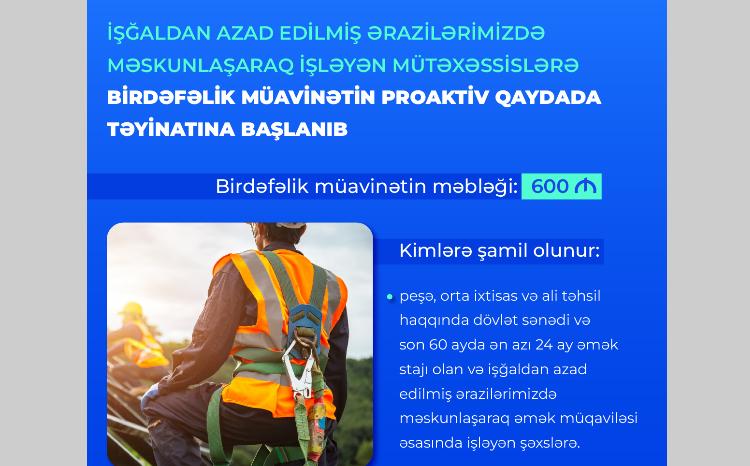 İşğaldan azad edilmiş ərazilərimizdə işləyən mütəxəssislərə birdəfəlik müavinətin proaktiv qaydada təyinatına başlanıb 