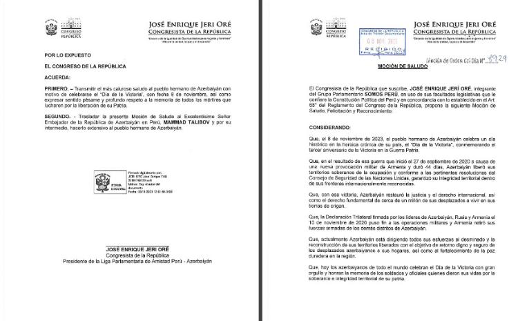 Peru Konqresi 8 noyabr Zəfər Günü ilə əlaqədar bəyanat qəbul edib 