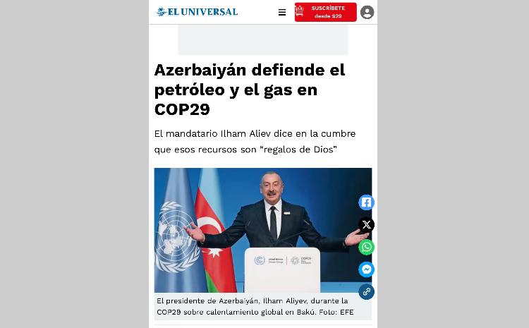 Prezident İlham Əliyevin COP29 zamanı çıxışı Meksika mətbuatında maraqla qarşılanıb 