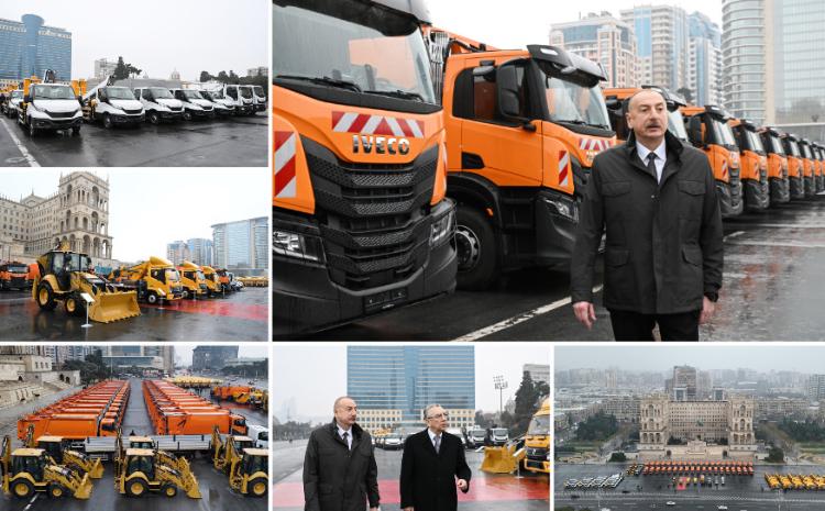 İlham Əliyev Bakıda kommunal xidmət göstərəcək müxtəlif xüsusi təyinatlı nəqliyyat vasitələri ilə tanış olub 