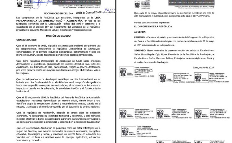 Peru Konqresi Azərbaycanın müstəqilliyinin 107-ci ildönümü münasibətilə bəyanat qəbul edib 