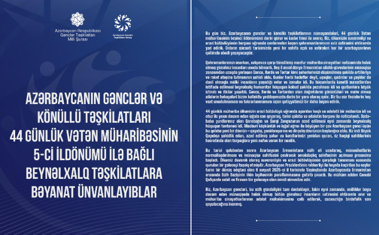 Ölkənin gənclər və könüllü təşkilatları 44 günlük Vətən müharibəsinin 5-ci ildönümü ilə bağlı beynəlxalq təşkilatlara bəyanat ünvanlayıblar 