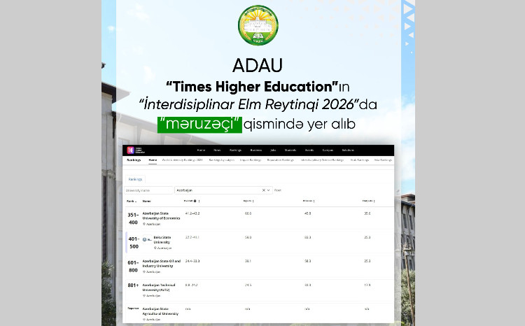 ADAU “Times Higher Education”ın “İnterdisiplinar Elm Reytinqi 2026”da “məruzəçi” qismində yer alıb 