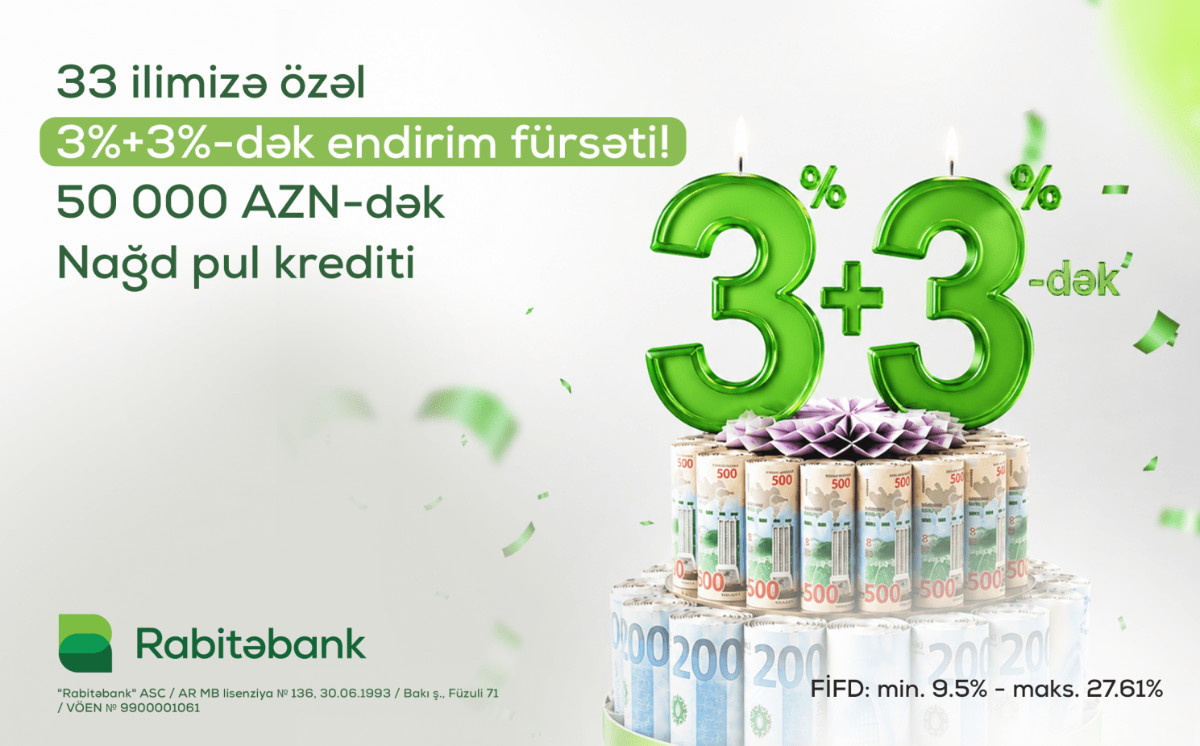 Rabitəbankdan 33 illik yubileyinə özəl nağd pul krediti kampaniyası 