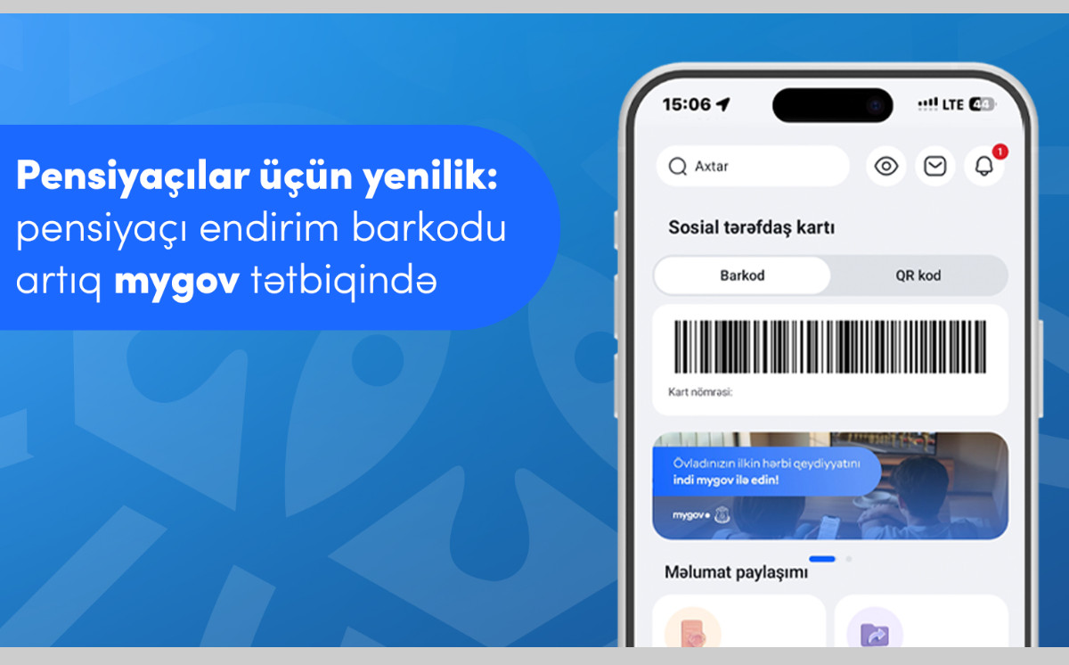 Pensiyaçılar üçün endirim barkodu artıq mygov mobil tətbiqindədir! 