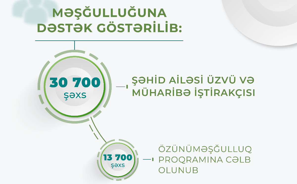 Postmüharibə dövründə şəhid ailəsi üzvü və müharibə iştirakçısı olan 30700 şəxsin məşğulluğuna dəstək göstərilib 